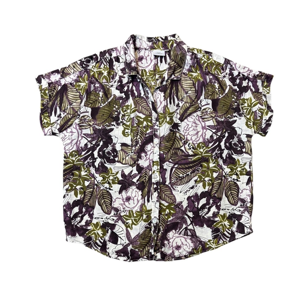 Hot Cotton 100% Linen Orchid Print Button Front Short Sleeve Shirt XL Casual